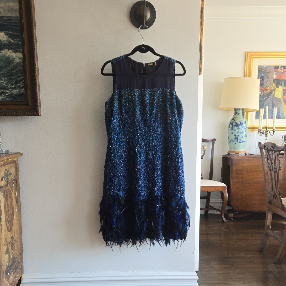 Elie Tahari Blue and Black Feathered High Low Dress